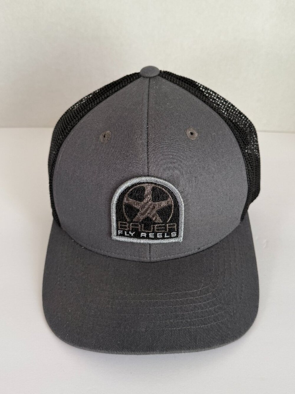 Bauer Fly Reels Smooth Trucker Hat in Charcoal Logo Patch, Meshback, Outdoors